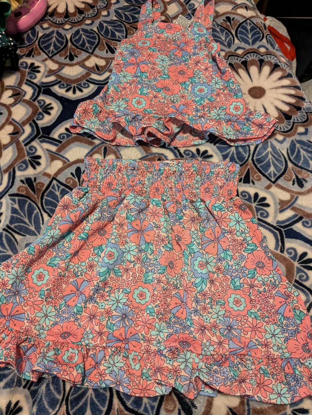 Floral Pink & Aqua Two-Piece Girls Dress Set